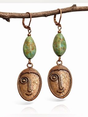 Copper Face Earrings Green Turquoise Style Stone Boho Art Dangle